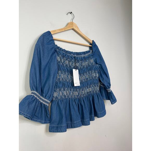 NWT Seventy + Mochi Sally 3/4 Sleeve Square Neck Top in Blue Rodeo Vintage - Picture 4 of 9